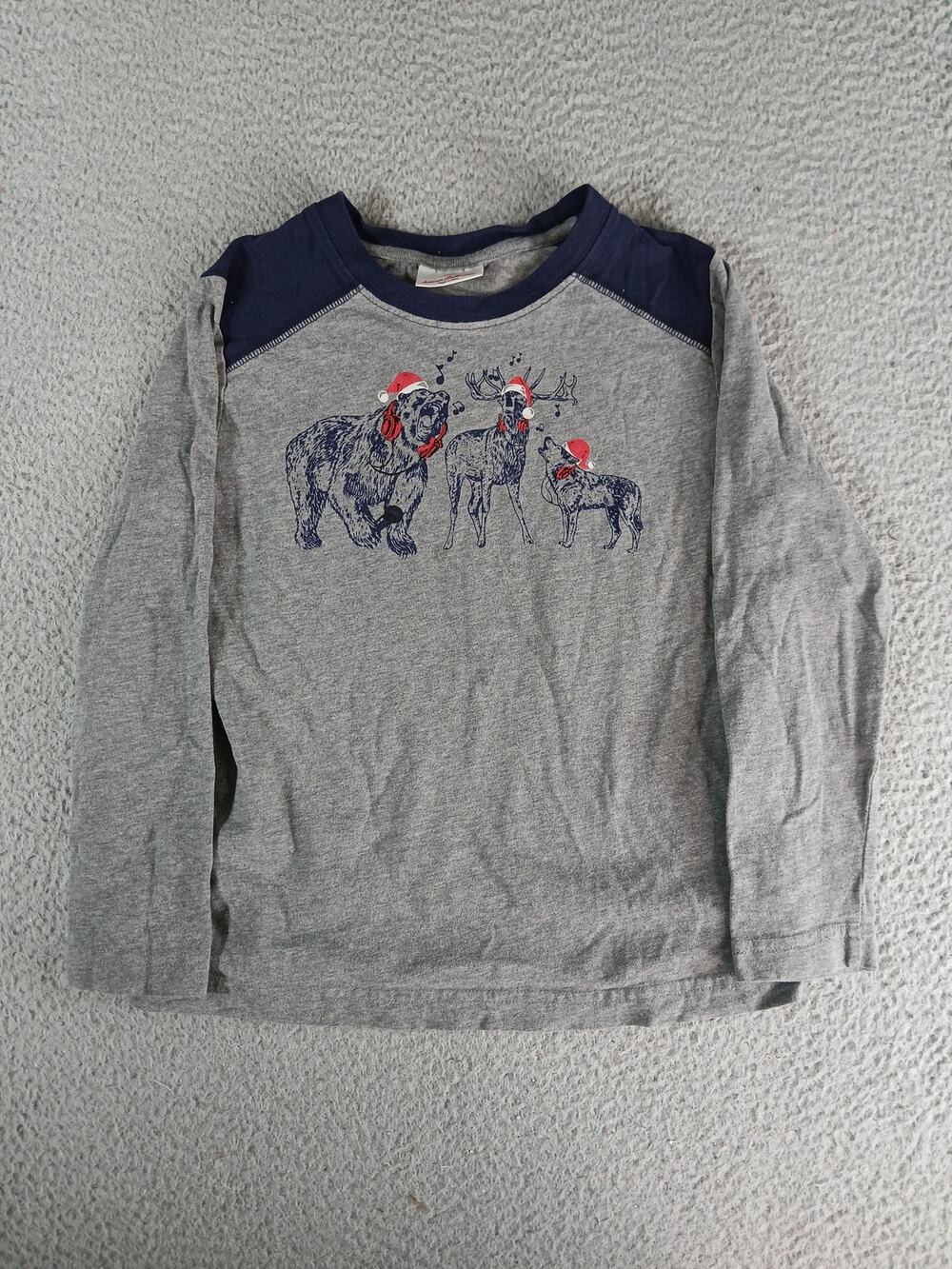 Hanna Andersson Christmas Shirt Boy 120cm 6-7 Gray Animals Caroling